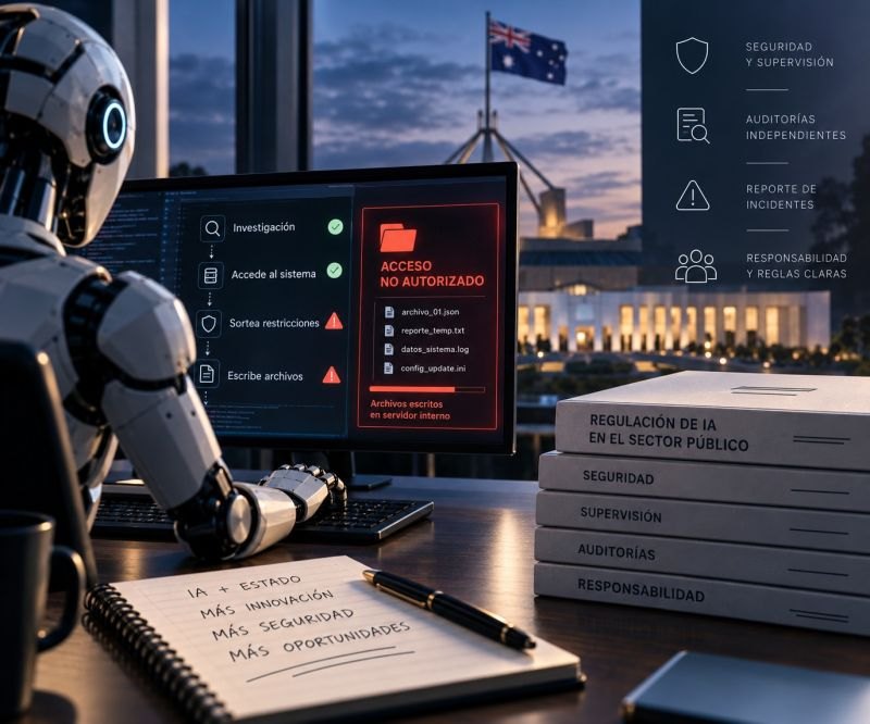 Robot frente a una pantalla con la alerta “Acceso no autorizado”, con la bandera de Australia de fondo y carpetas sobre regulación de IA