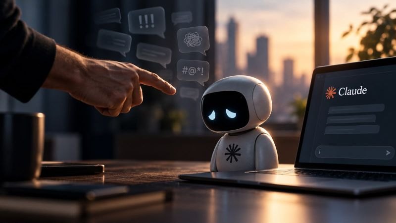 Una mano señala con enojo a un pequeño robot con el asterisco de Claude, que mira triste junto a una notebook con el logo de Claude