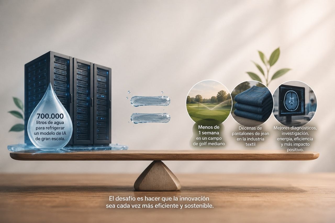 Balanza que compara los 700.000 litros de agua de entrenar un modelo de IA con un campo de golf, la industria textil y los beneficios de la IA
