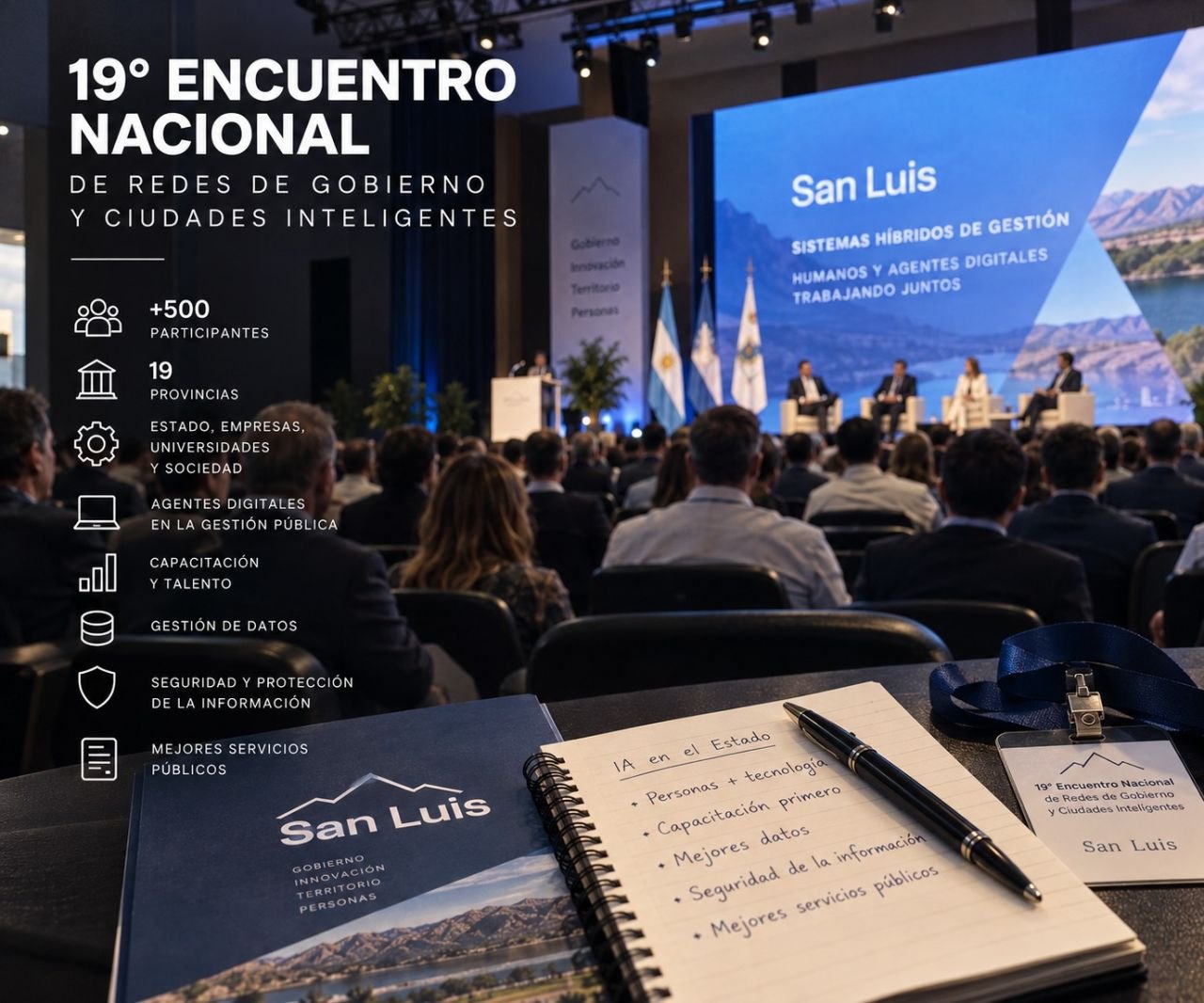 Placa del 19° Encuentro Nacional de Redes de Gobierno y Ciudades Inteligentes en San Luis, con el auditorio y los ejes del encuentro