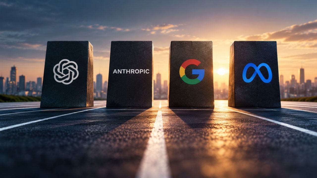Cuatro bloques con los logos de OpenAI, Anthropic, Google y Meta alineados sobre una pista al atardecer