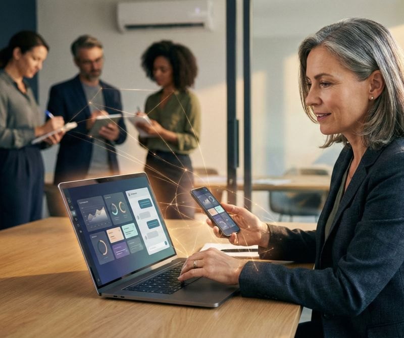 Una mujer trabaja con una notebook y un celular mientras su equipo conversa detrás