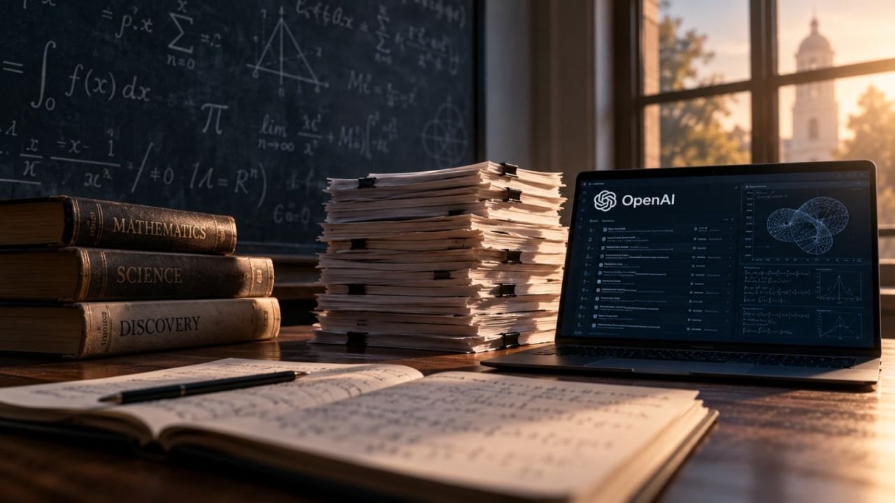Pizarrón con fórmulas, pilas de manuscritos y libros de matemática junto a una notebook con el logo de OpenAI
