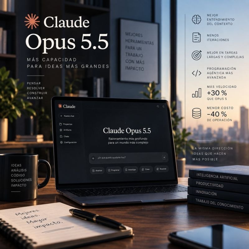 Placa de Claude Opus 5.5 con una notebook abierta y las mejoras del modelo: más velocidad, menor costo y mejor manejo del contexto